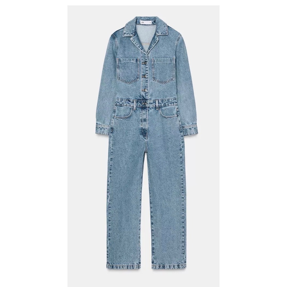 Zara Denim Jumpsuit Women L Light Blue Acid Wash Long Sleeve Boiler Suit